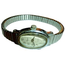 Vintage Timex CR 1216 Cell Quartz Ladies Watch Silver tone Stretch Band