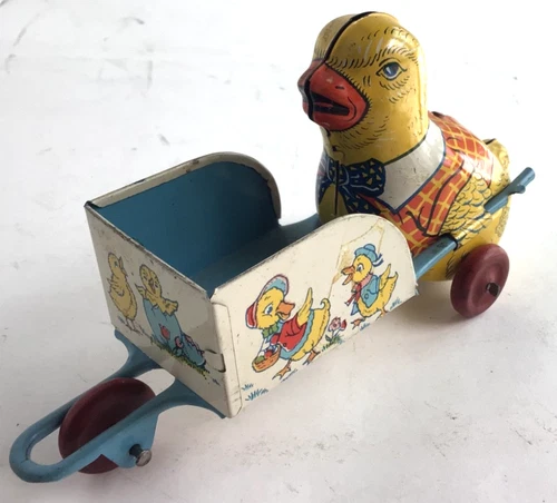 J Chein & Co Tin Litho Pull Toy Easter Chick Pushing Wheelbarrow 1940s Vintage