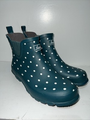 Jileon Womens Teal Blue/Green Polka Dot Ankle Rain Boots Chelsea Wellies SZ 8