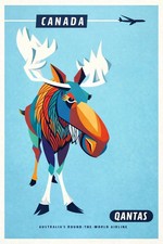 Canada Moose Qantas Vintage Airline Travel Poster Wall Art 24x36