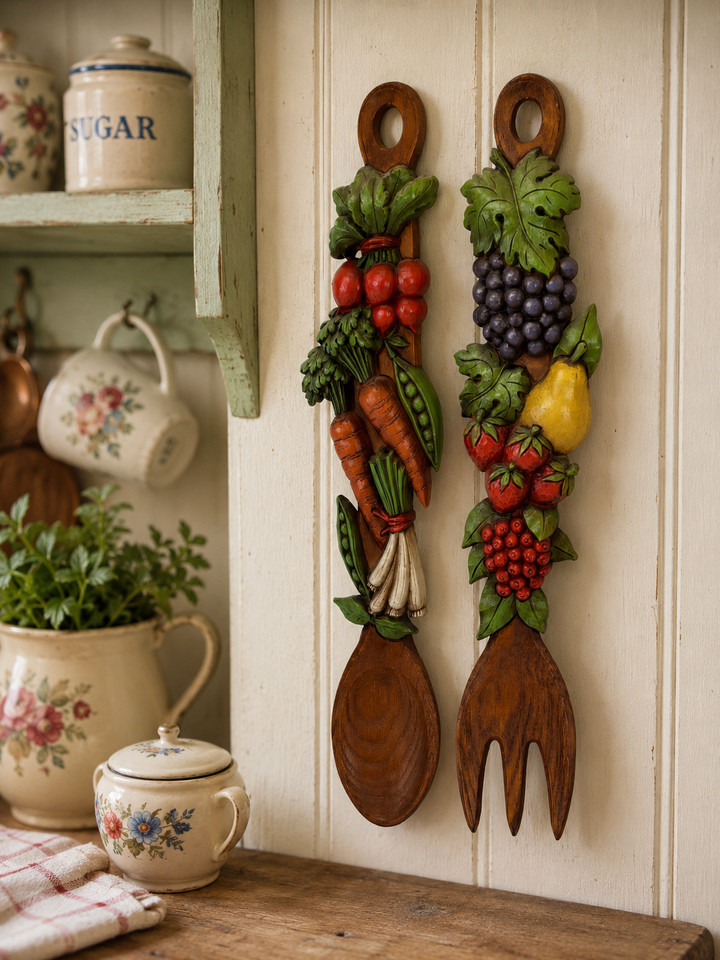Oversized Syroco 70s fruit-and-veg wall art spoon & fork set — the quintessential retro kitchen wall statement piece.