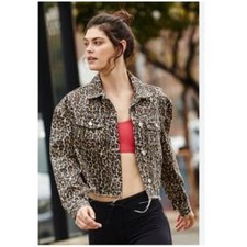 Express Brown Black Leopard Print Cropped Denim Jacket S NWT Y2K Edgy