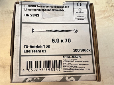 F+S Terrassenschrauben 5x70mm 100Stück Edelstahl C1 / H1Pal3K50