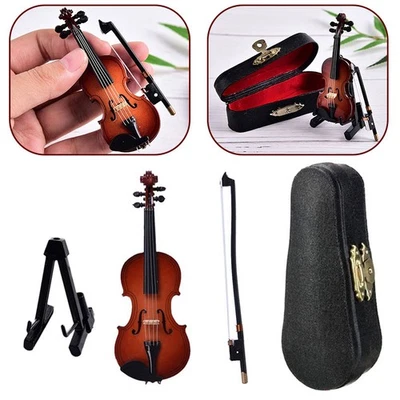 Wooden Miniature Violin with Stand, Bow and Case Mini Musical Instrument UK