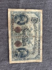 1914 Germany Empire Kaiser WW1 5 Mark Banknote VF