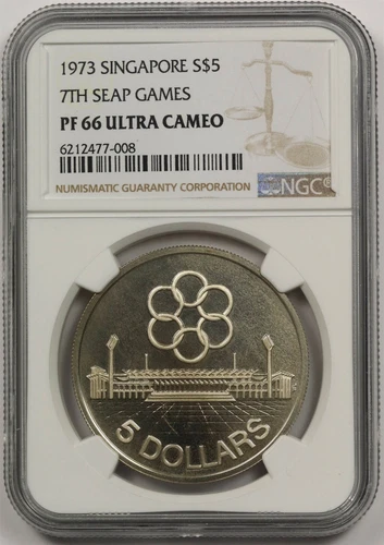 1973 Singapore Silver $5 NGC PF 66 Ultra Cameo 7th Seap Games
