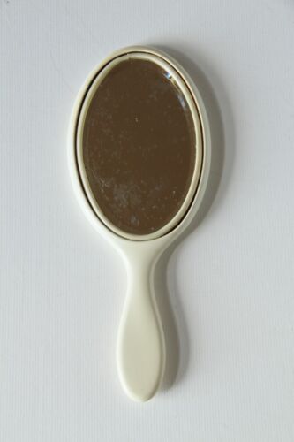 Vintage Cream Colored Oval Handheld Mirror Granny Core Farmhouse Bathroom Decor - Picture 1 of 9