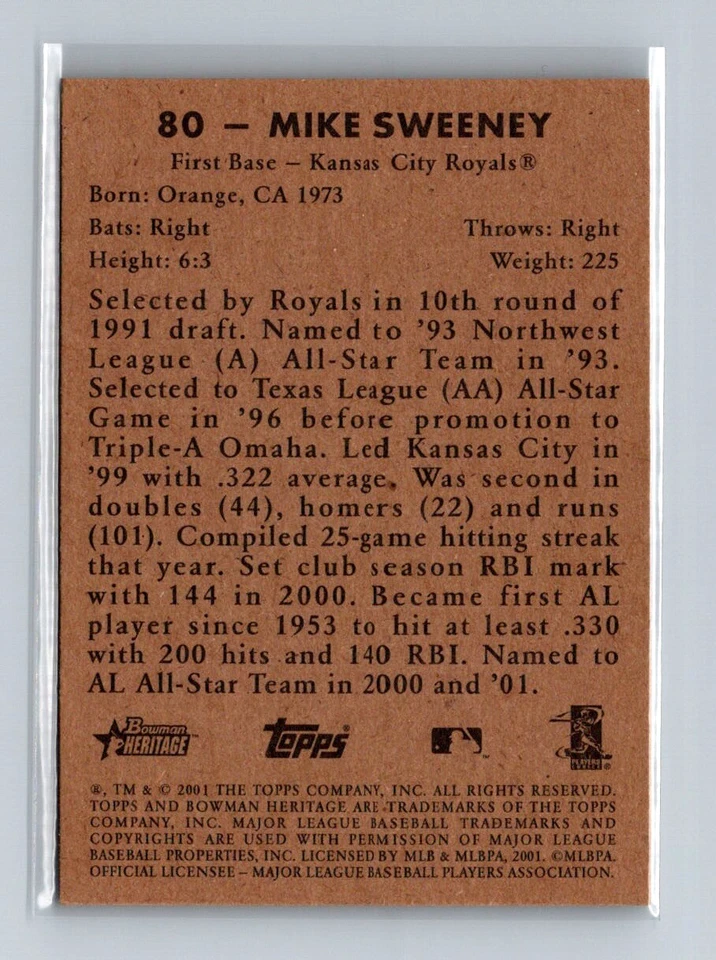 2001 Bowman Heritage #80 Mike Sweeney In Person AUTO - Image 2 of 2