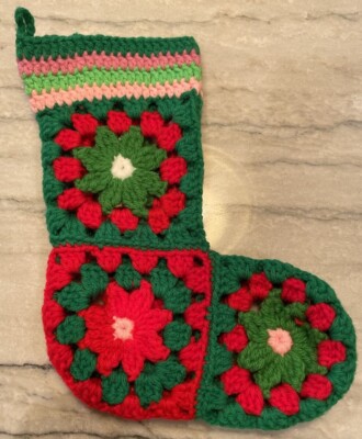 CHRISTMAS Stocking CROCHET Granny Square Handmade 10  Vintage Red Green Pink