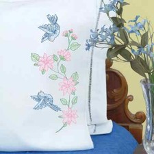 JDNA Lace Edge Pillow Cases "Birds", Stamped for Cross Stitch or Embroidery, NEW