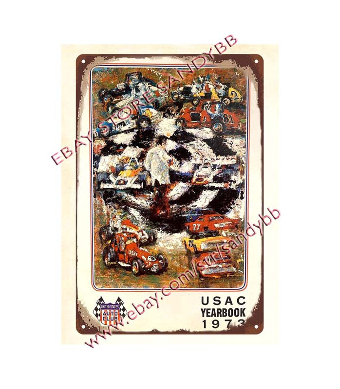 1973 Auto Club Yearbook cover race cars metal tin sign bathroom wall art