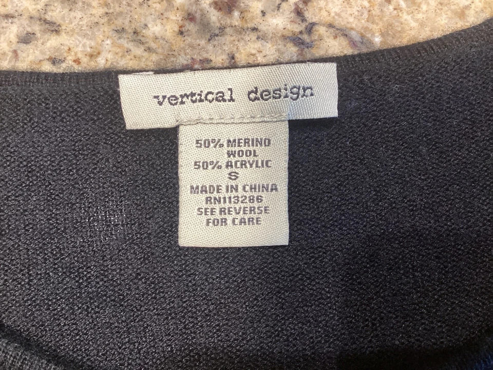 Suéter Diseño Vertical Encaje Dobladillo Manga Larga Mezcla Lana Marino Negro Talla Pequeña Foto 2 de 3