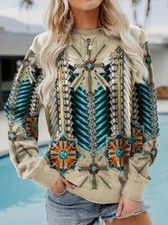 Boho Women Ethnic Print Pullover Sweatshirt Casual Long Sleeve Crew Neck New