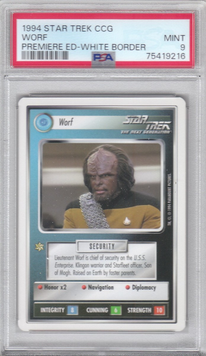 1994 Star Trek CCG Premiere Edition White Border Worf Card PSA 9