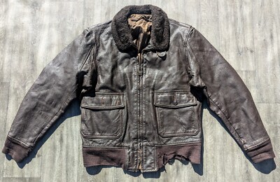 Vintage USN Military G-1 Brown Leather Flight Jacket Thrashed 