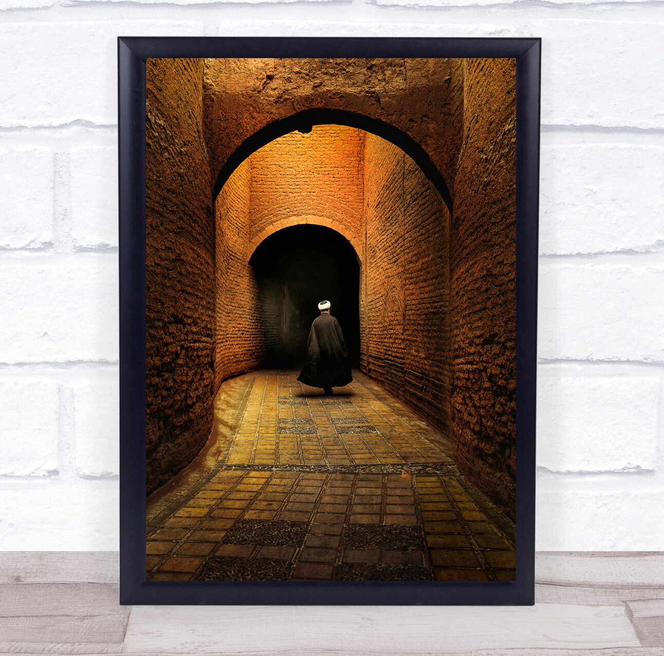 Street Man Walking Walls Brown Traditional Cape Pattern Black Wall Art Print