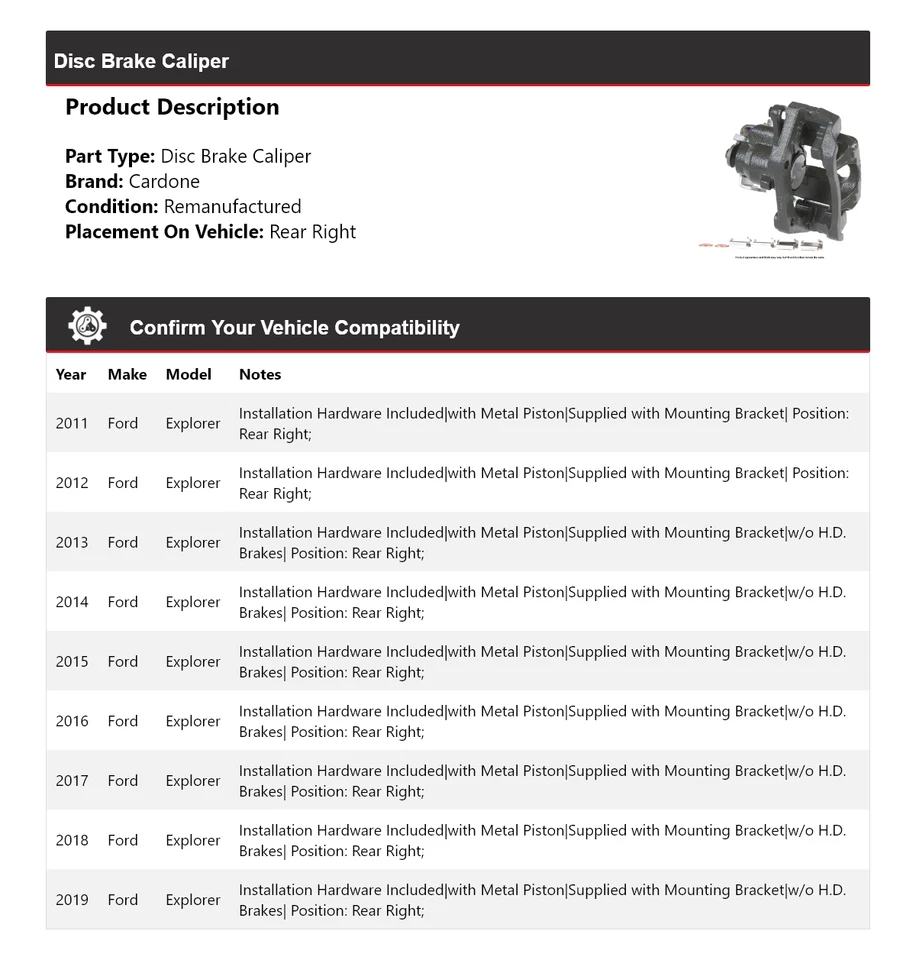 Pinza de freno de disco trasera derecha Cardone 2012 2013 2014 para Ford Explorer 2011-2019 Foto 2 de 4