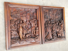 2 ancien bas relief bois panneau sculpte decor moyen age renaissance carved wood