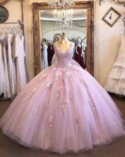 Pink O-Neck Quinceanera Dresses Ball Gown Sweet 15 Applique Tulle Birthday Gowns