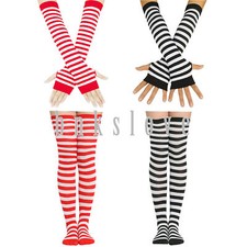 Womens Striped Knee High Socks Arm Warmer Fingerless Gloves Set Party Daily Wear