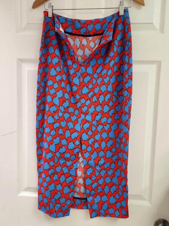 Diane Von Furstenberg Women's Printed Pencil Midi Skirt Slit Red Blue Size 4 - Image 3 of 4