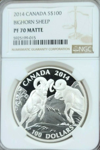 2014 CANADA SILVER 100 DOLLARS BIGHORN SHEEP NGC PF 70 MATTE SCARCE PERFECTION !