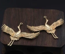 2PC Antique Jewelry Accessories Cast Copper Carved Golden Crane Pendant DIY Acce