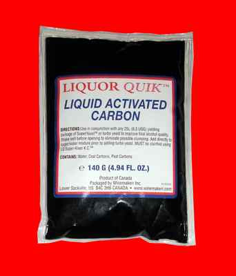 LIQUID ACTIVATED CARBON  LIQUOR QUIK REMOVES CAT BOX ODOR FROM DISTILLED ALCOHOL