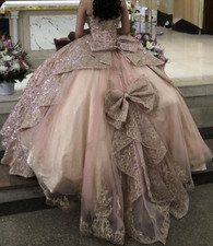 Quinceanera Dresses Pink Gold Ball Gown XS Strapless Lace Bow Corset Back