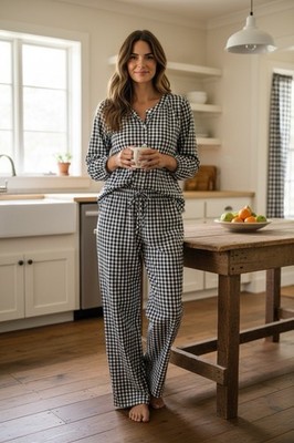 Flygo 2 Piece Black Gingham Cotton Women s S Farmhouse Cottage Core Lounge PJ