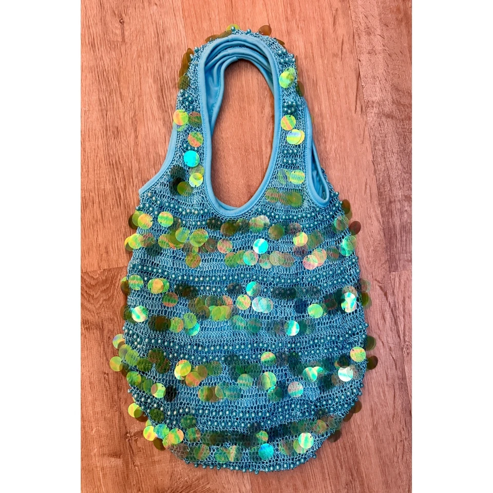 Bolso de Hombro Y2K Azul Lentejuelas Cuentas Crochet Brillante Festival Hobo Bolso Foto 2 de 4
