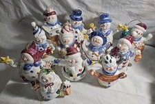 Beautiful Set Of 12 Ceramic Snowman Christmas Ornaments All Different Designs