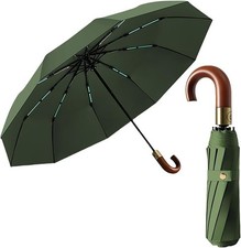 Luxurious Travel Folding Umbrella for Men Automatic Open/Close Crook Real Woo...