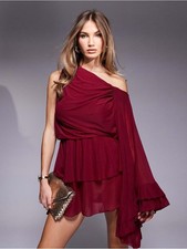 ASOS DESIGN stretch chiffon one sleeve ruffle mini dress in burgundy Size S