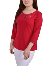 NY Collection Women's Top Petite PL 3/4 Sleeve Crepe Knit