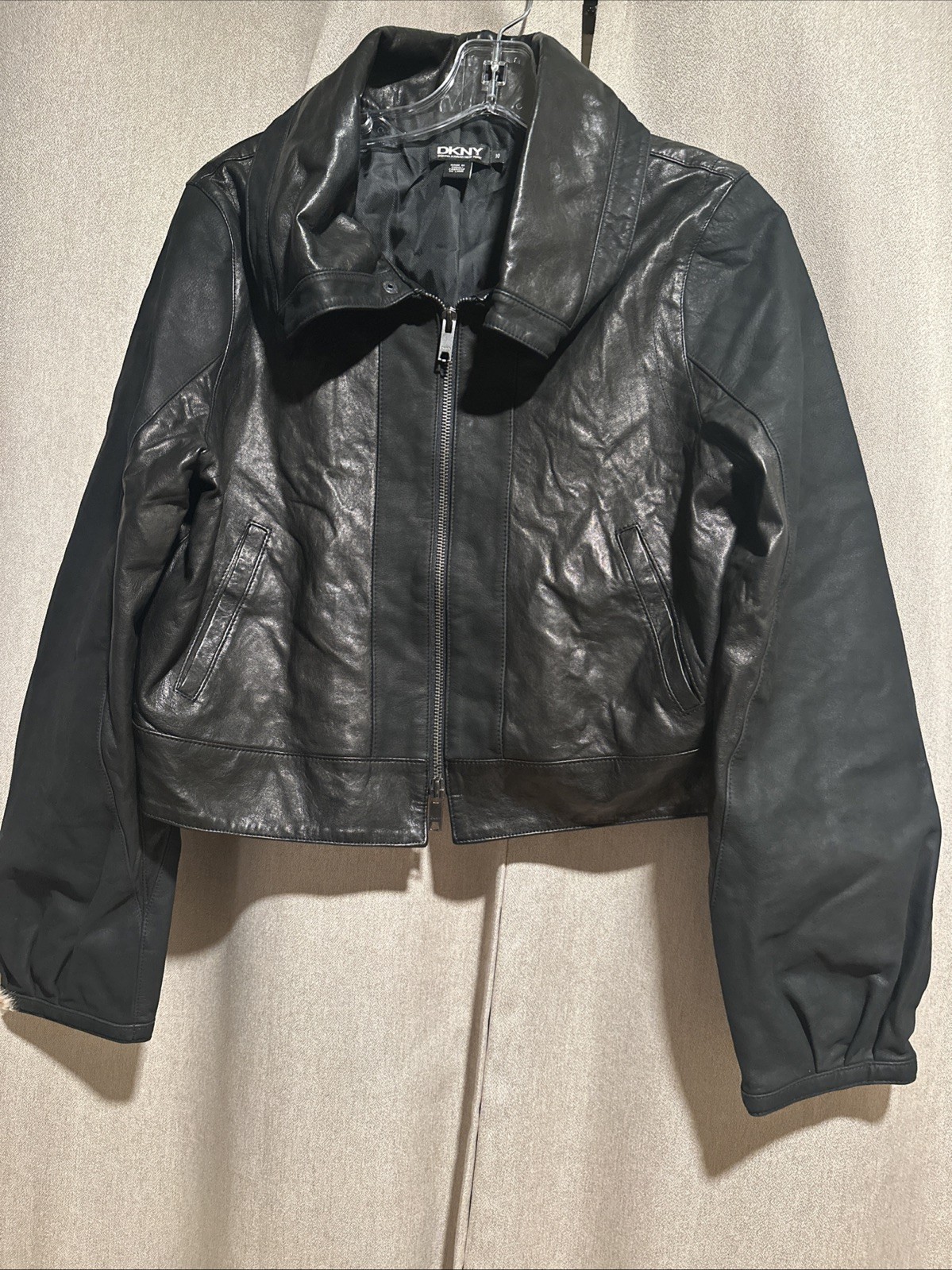 DKNY Women's Vintage 100% Genuine Leather Full Zip Moto Jacket Brown Blk 10