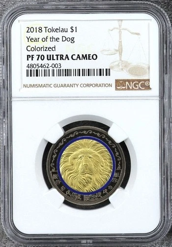 Tokelau 2018 $1 Year of Dog Colorized Tri-Metallic Proof Coin NGC PF70 UC Top