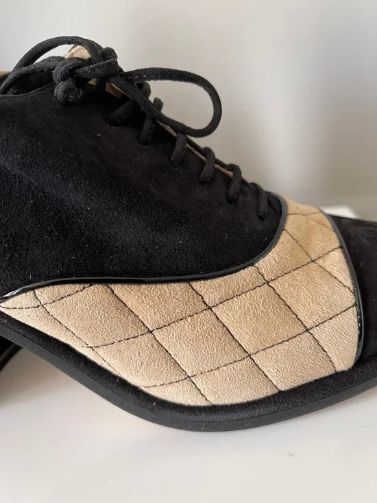 NIB Chanel Goatskin Black and Beige CC Lace-Ups Shoes Booties block heel image 6