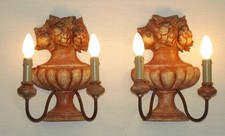 Rare Large Pair French Terracotta Urn Wall Lights- Fruit Basket Double Sconces
