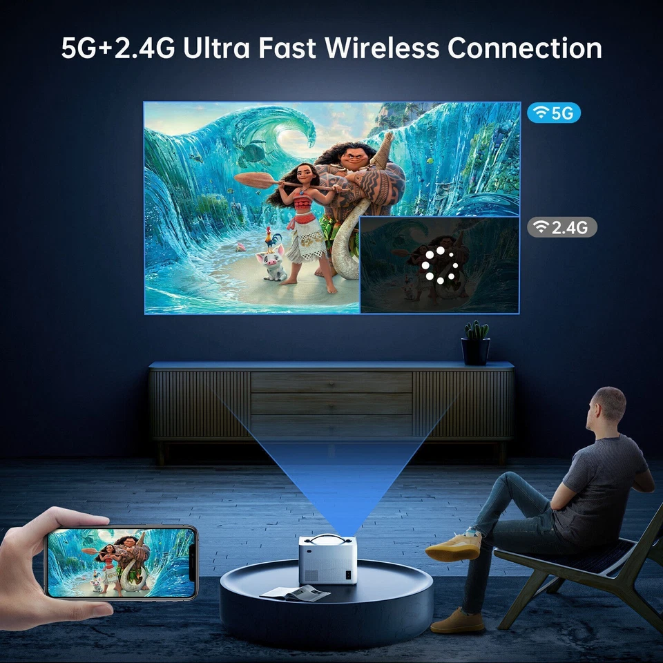 Native 1080P Portable Projector WiFi Bluetooth Home Theater For Android iPhone - Image 3 of 4