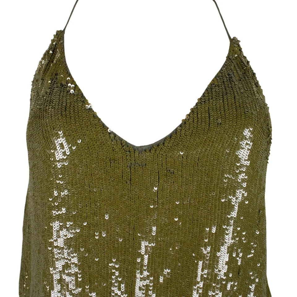 Mini Vestido Halter Lentejuelas Alta Hippie 100% Seda Blusa Fiesta Verde Oliva XS Foto 2 de 4