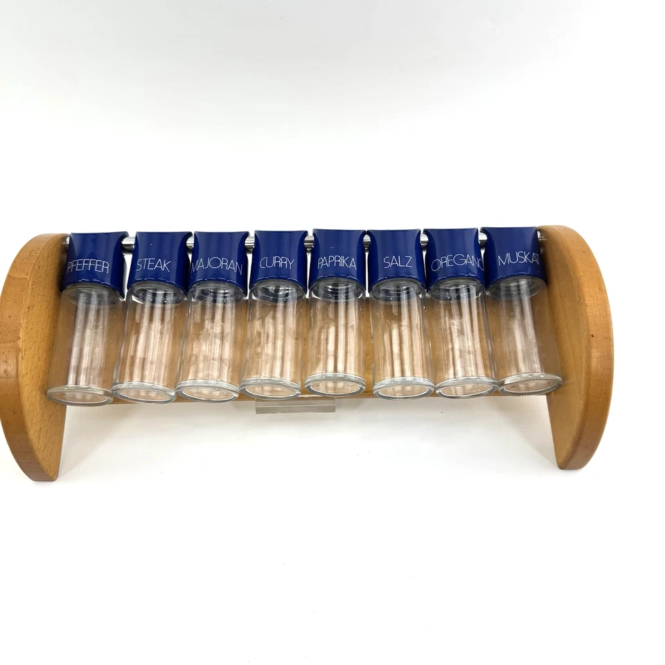 VTG Gewürzregal Holz | 8 Gewürzgläser Blau Glas Küchenregal Wandregal Landhaus - Bild 2 von 4