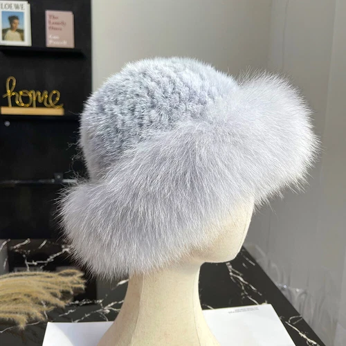 Cappello donna vera pelliccia di visone secchiello berretto caldo lavorato a maglia invernale con orlo pelliccia di volpe - Foto 16 di 31