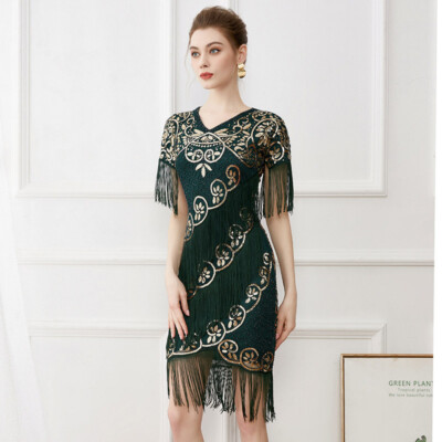 Damen V-Ausschnitt Kurzarm Kleid Pailletten Lagenlook Quaste Perlen Party Tanzkleidung Passform
