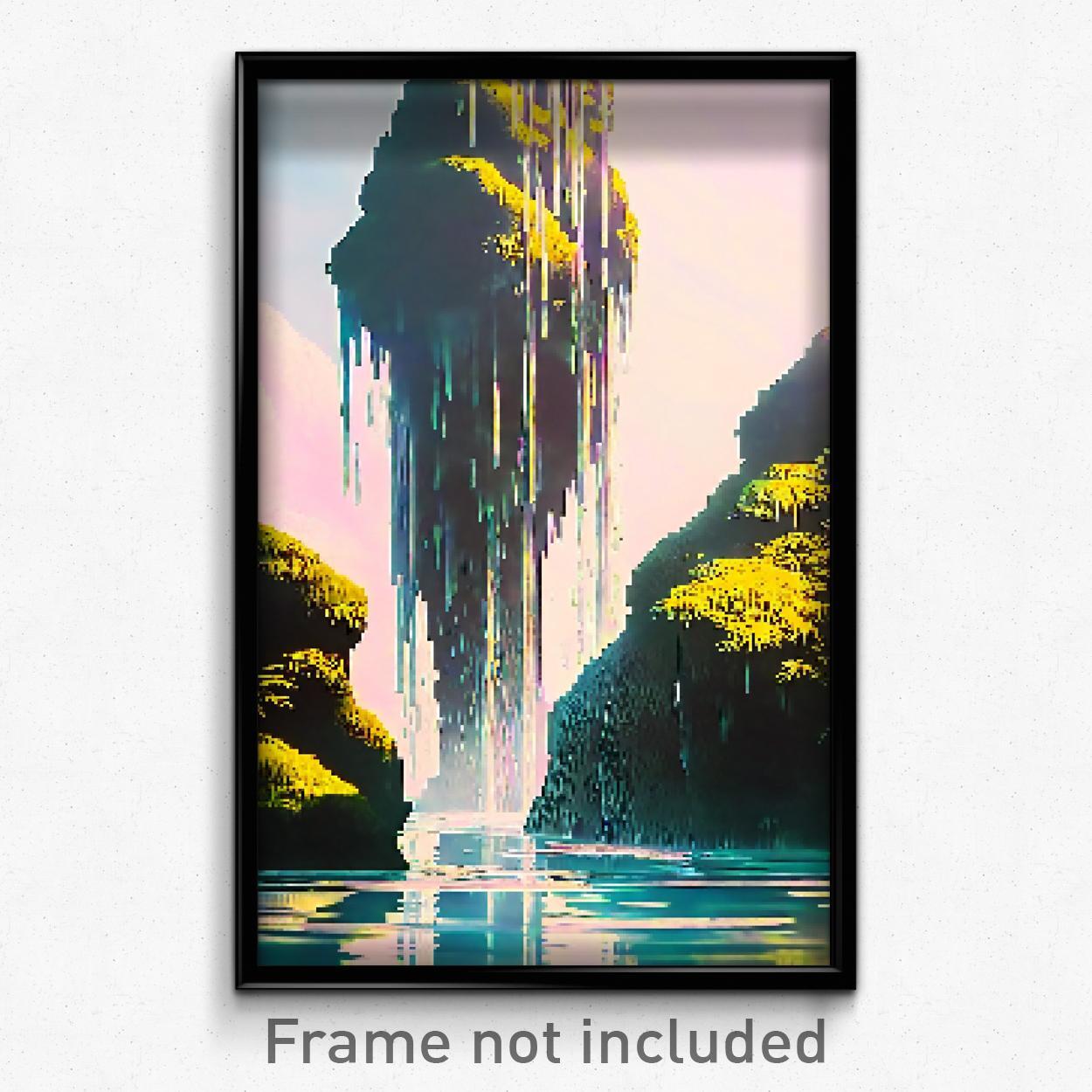 8 Bit Pixel Art Poster - Watery Outcropping Psychedelic Video Game Print