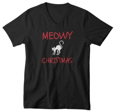 Mens V-neck Meowy Christmas Shirt Gift Ugly Sweater Funny Cat Lover Tshirt Meow