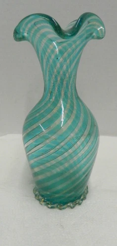Vintage Murano Italian Art Glass Vase turquoise  Blue  Gold Fleck Fluted Ruffled
