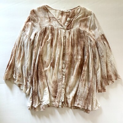 Blu Pepper Tie Dye Blouse Large Brown White Lagenlook Flare Sleeve Boho Artsy