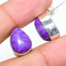 Purple Charoite Gemstone 925 Sterling Silver Jewelry Stud Earring Size 0.75"
