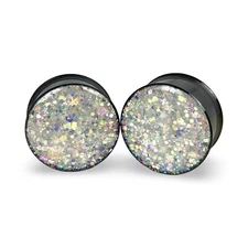 Black Steel Plugs with Embedded White Iridescent Chunky Glitter gauges pair